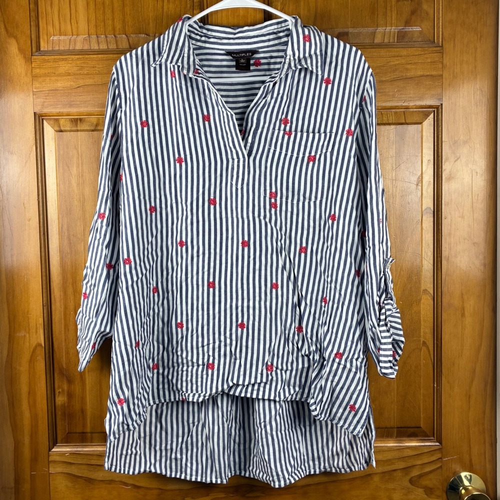 Multiples Womens L Striped Red Floral Embroidered Nautical Lyocell Tunic Top